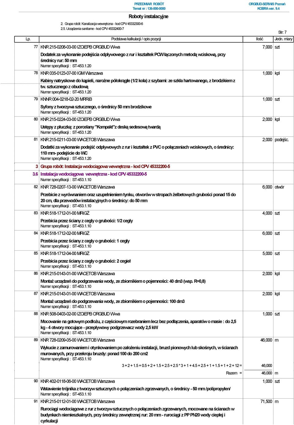 Urządzenia sanitarne - kod CPV 45332400-7 PRZEDMIAR ROBÓT 77 KNR 215-0208-03-00 IZOiEPB ORGBUD W-wa 7,000 szt Dodatek za wykonanie podejścia odpływowego z rur i kształtek PCW łączonych metodą