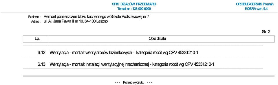 12 Wentylacja - montaż wentylatorów łazienkowych - kategoria robót wg CPV 45331210-1 6.