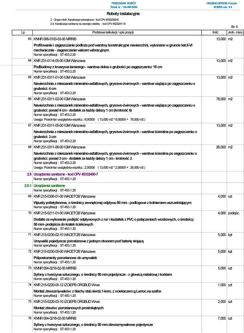 Kanalizacja sanitarna na zewnątrz obiektu - kod CPV 45232411-6 63 KNNR 006-0103-03-00 MRRiB 13,000 m2 Profilowanie i zagęszczanie podłoża pod warstwy konstrukcyjne nawierzchni, wykonane w gruncie kat.