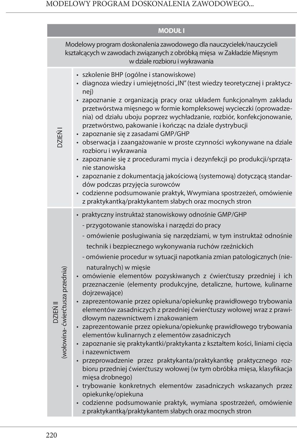 (wołowina- ćwierćtusza przednia) szkolenie BHP (ogólne i stanowiskowe) diagnoza wiedzy i umiejętności IN (test wiedzy teoretycznej i praktycznej) zapoznanie z organizacją pracy oraz układem