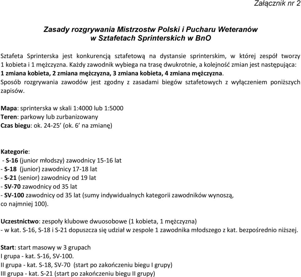 Sposób rozgrywania zawodów jest zgodny z zasadami biegów sztafetowych z wyłączeniem poniższych zapisów. Mapa: sprinterska w skali :4000 lub :5000 Teren: parkowy lub zurbanizowany Czas biegu: ok.