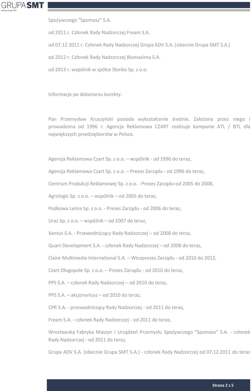 Założona przez niego i prowadzona od 1996 r. Agencja Reklamowa CZART realizuje kampanie ATL / BTL dla największych przedsiębiorstw w Polsce. Agencja Reklamowa Czart Sp. z o.o. wspólnik - od 1996 do teraz, Agencja Reklamowa Czart Sp.