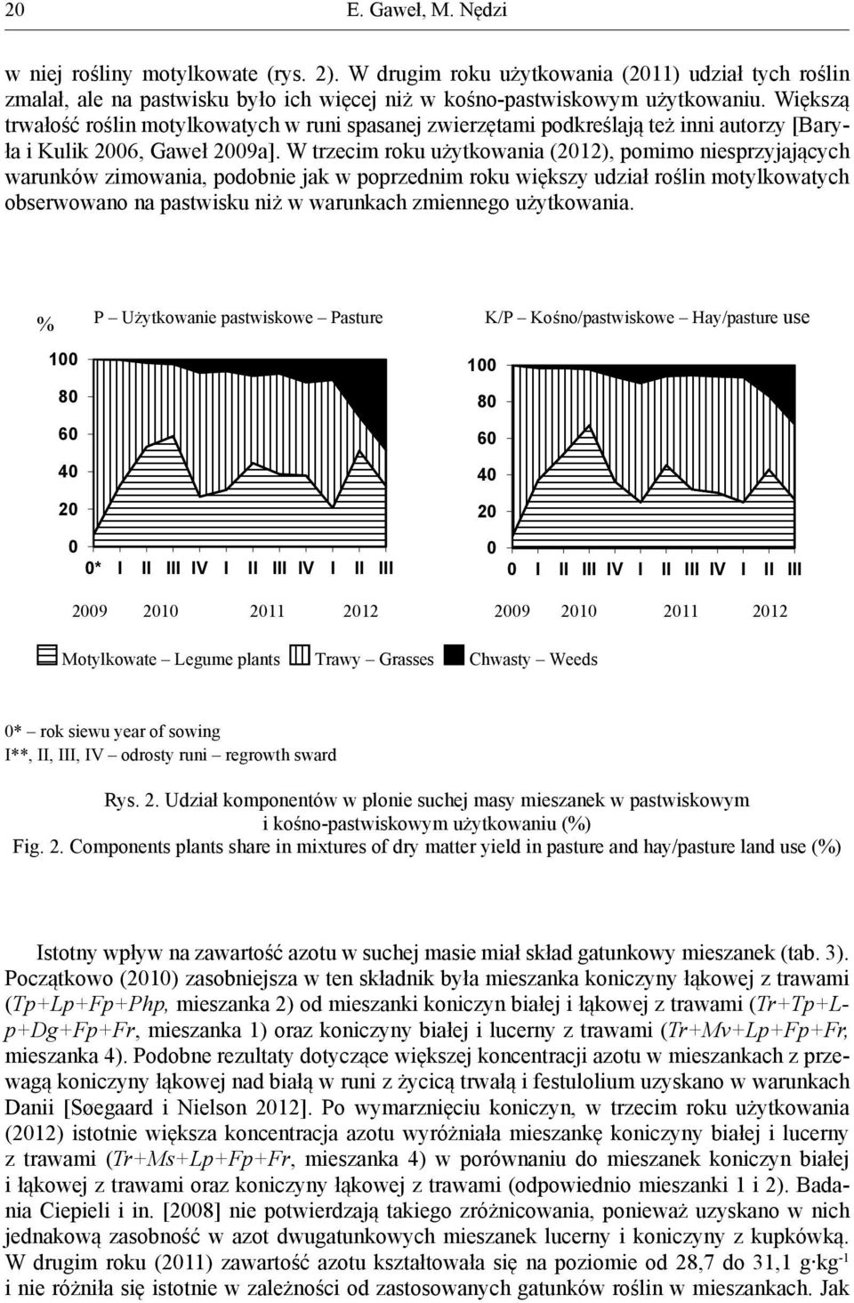 W trzecim roku użytkowania (2012), pomimo niesprzyjających warunków zimowania, podobnie jak w poprzednim roku większy udział roślin motylkowatych obserwowano na pastwisku niż w warunkach zmiennego