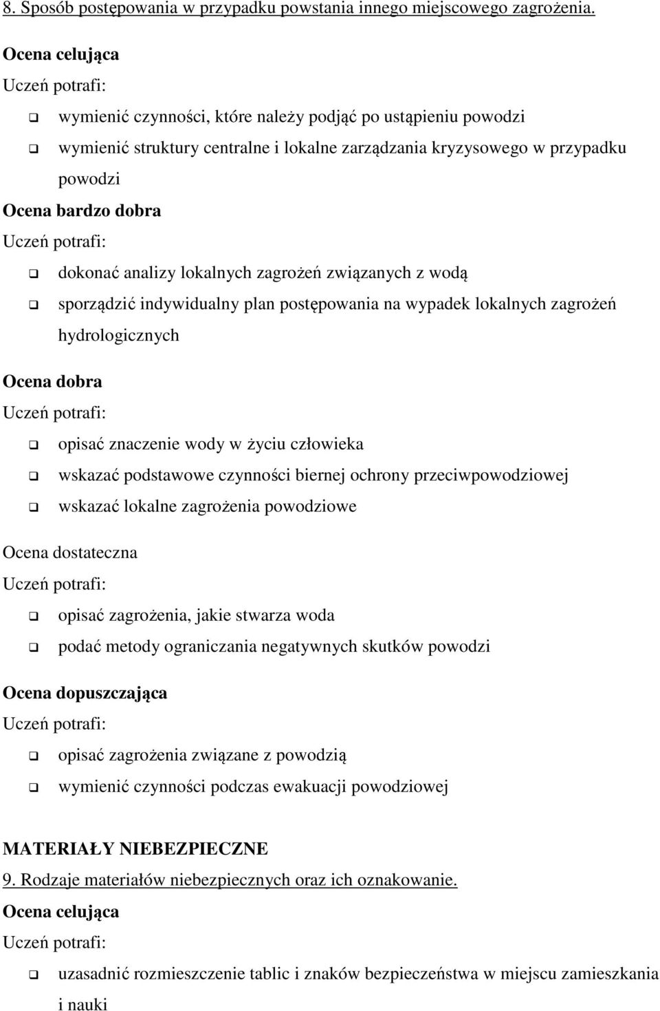 sporządzić indywidualny plan postępowania na wypadek lokalnych zagrożeń hydrologicznych opisać znaczenie wody w życiu człowieka wskazać podstawowe czynności biernej ochrony przeciwpowodziowej wskazać