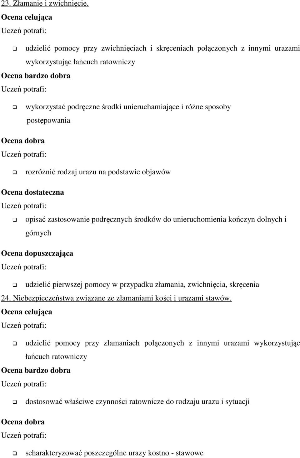 postępowania rozróżnić rodzaj urazu na podstawie objawów opisać zastosowanie podręcznych środków do unieruchomienia kończyn dolnych i górnych udzielić pierwszej pomocy w