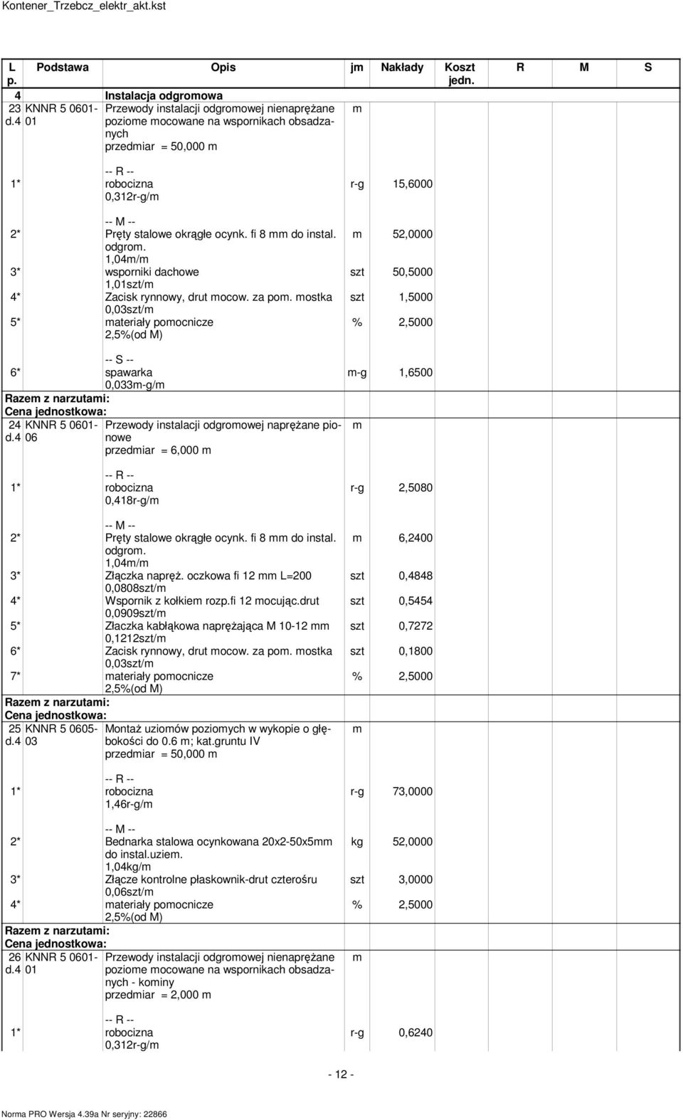 za po. ostka 0,03szt/ 5* ateriały poocnicze -- S -- 6* spawarka 0,033-g/ 24 KNNR 5 0601- Przewody instalacji odgroowej naprężane pionowe d.