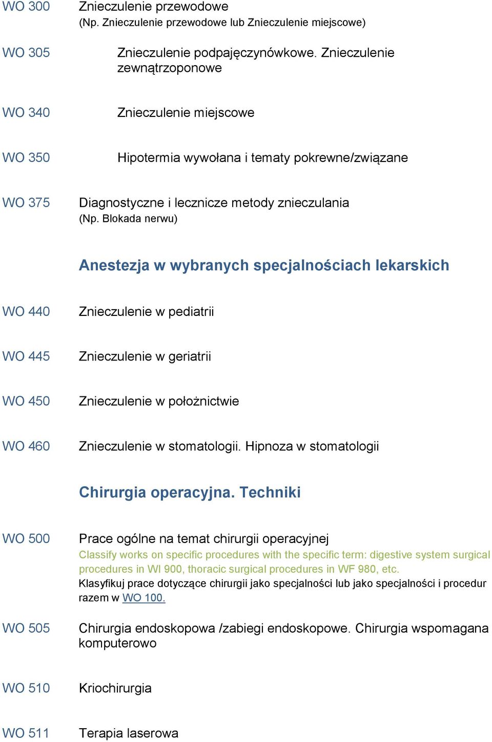 Blokada nerwu) Anestezja w wybranych specjalnościach lekarskich WO 440 Znieczulenie w pediatrii WO 445 Znieczulenie w geriatrii WO 450 Znieczulenie w położnictwie WO 460 Znieczulenie w stomatologii.