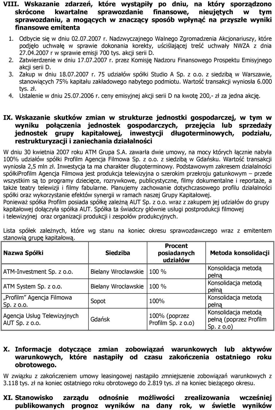 Nadzwyczajnego Walnego Zgromadzenia Akcjonariuszy, które podjęło uchwałę w sprawie dokonania korekty, uściślającej treść uchwały NWZA z dnia 27.04.2007 r w sprawie emisji 700 tys. akcji serii D. 2. Zatwierdzenie w dniu 17.