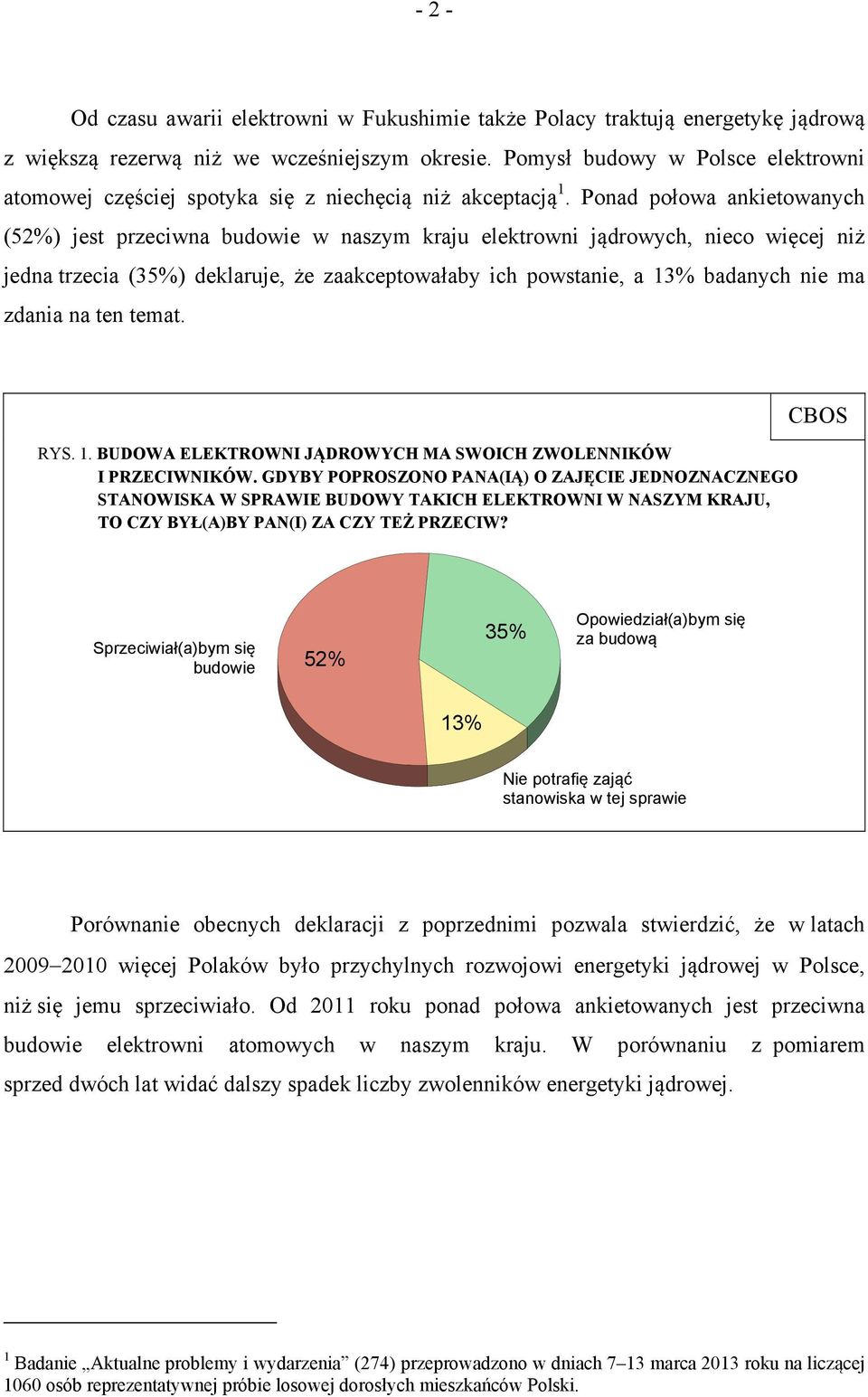 Ponad połowa ankietowanych (52%) jest przeciwna w naszym kraju elektrowni jądrowych, nieco więcej niż jedna trzecia (35%) deklaruje, że zaakceptowałaby ich powstanie, a 13% badanych nie ma zdania na