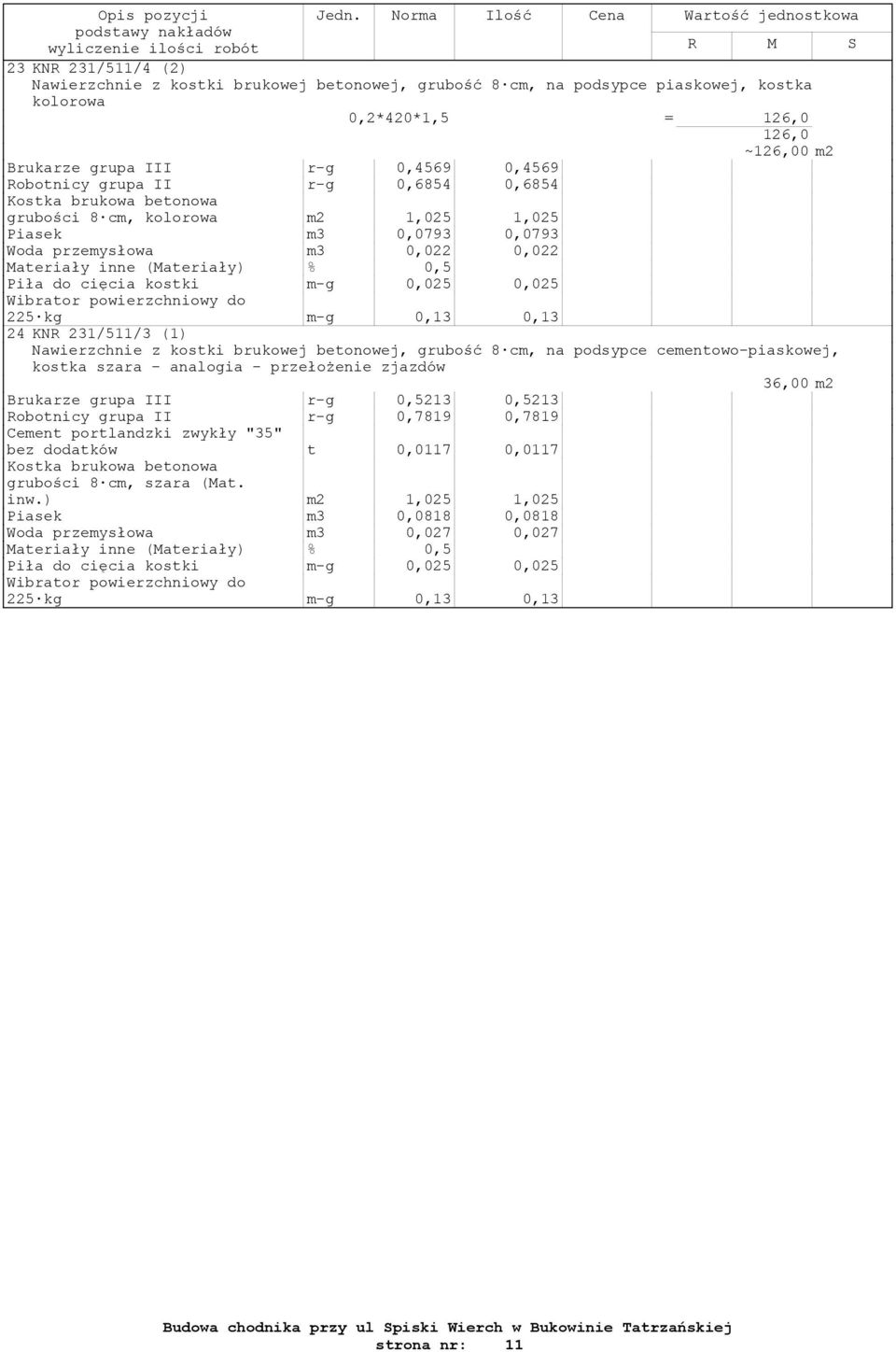 kolorowa 0,2*420*1,5 = 126,0 126,0 ~126,00 m2 Brukarze grupa III r-g 0,4569 0,4569 Robotnicy grupa II r-g 0,6854 0,6854 Kostka brukowa betonowa grubości 8 cm, kolorowa m2 1,025 1,025 Piasek m3 0,0793