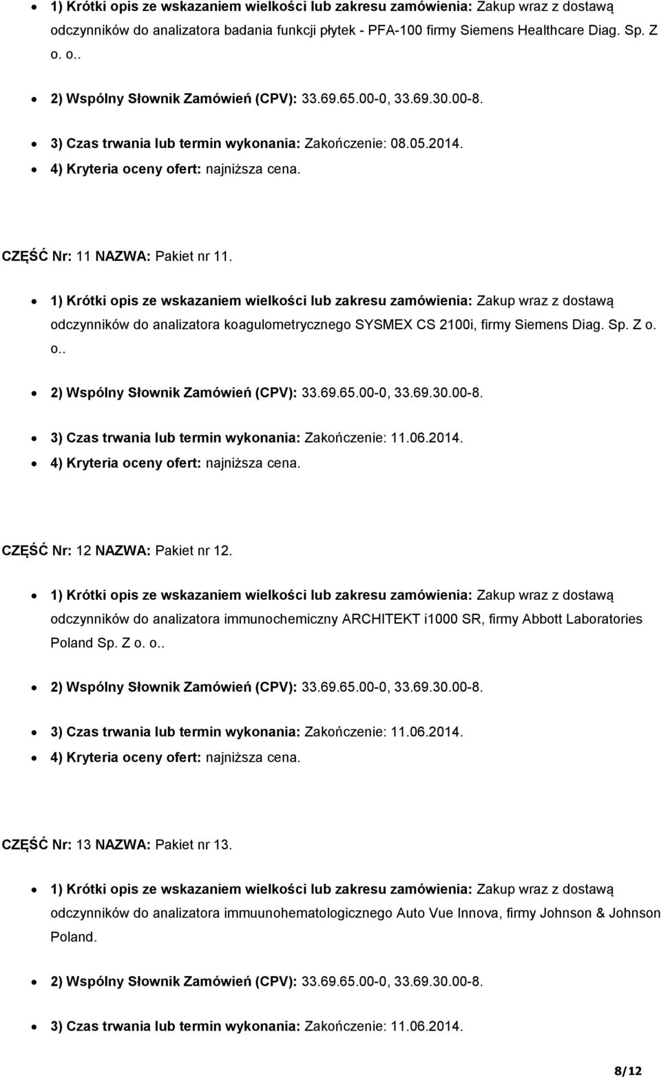 69.65.00-0, 33.69.30.00-8. 3) Czas trwania lub termin wykonania: Zakończenie: 11.06.2014. CZĘŚĆ Nr: 12 NAZWA: Pakiet nr 12.