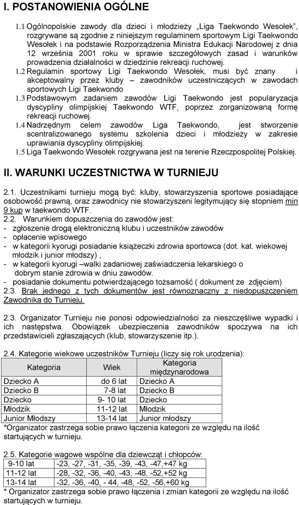 Narodowej z dnia 12 września 2001 roku w sprawie szczegółowych zasad i warunków prowadzenia działalności w dziedzinie rekreacji ruchowej. 1.2 Regulamin sportowy Ligi Taekwondo Wesołek, musi być znany i akceptowalny przez kluby zawodników uczestniczących w zawodach sportowych Ligi Taekwondo 1.