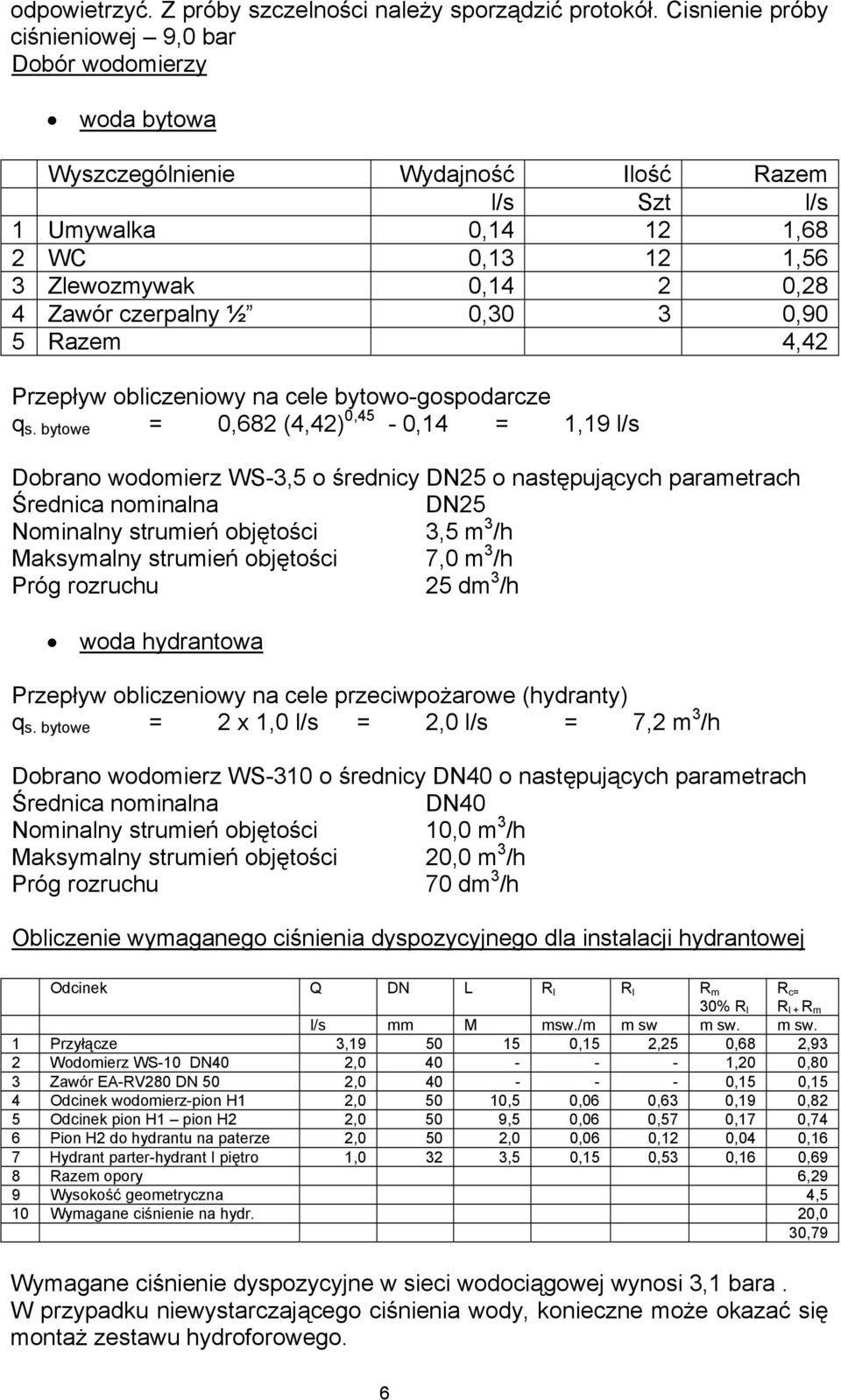 czerpalny ½ 0,30 3 0,90 5 Razem 4,42 Przepływ obliczeniowy na cele bytowo-gospodarcze q s.