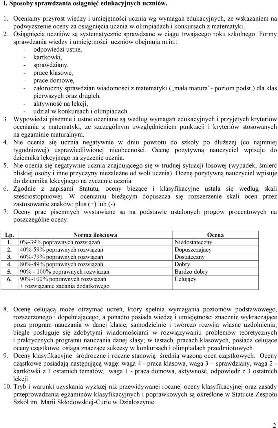 Osiągnięcia uczniów są systematycznie sprawdzane w ciągu trwającego roku szkolnego. Formy sprawdzania wiedzy i umiejętności uczniów obejmują m.in.