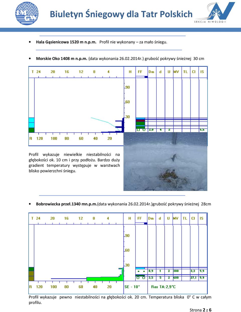 Bardzo duży gradient temperatury występuje w warstwach blisko powierzchni śniegu. Bobrowiecka przeł.134 mn.p.m.(data wykonania 26.