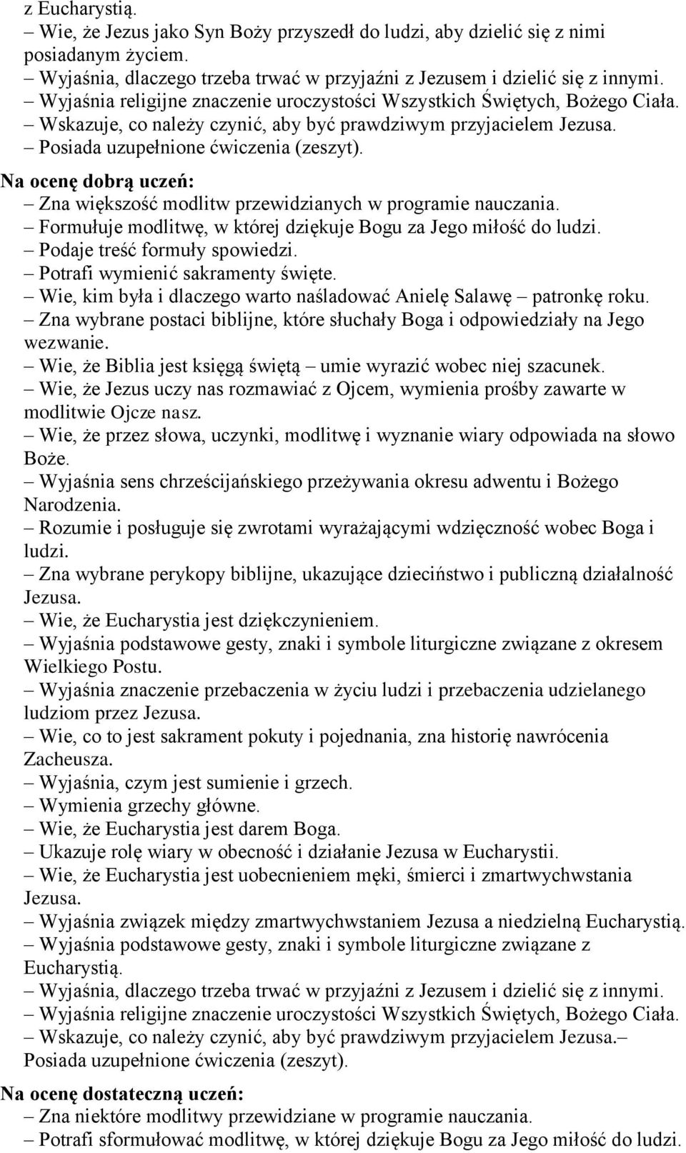 Formułuje modlitwę, w której dziękuje Bogu za Jego miłość do ludzi. Podaje treść formuły spowiedzi. Potrafi wymienić sakramenty święte.