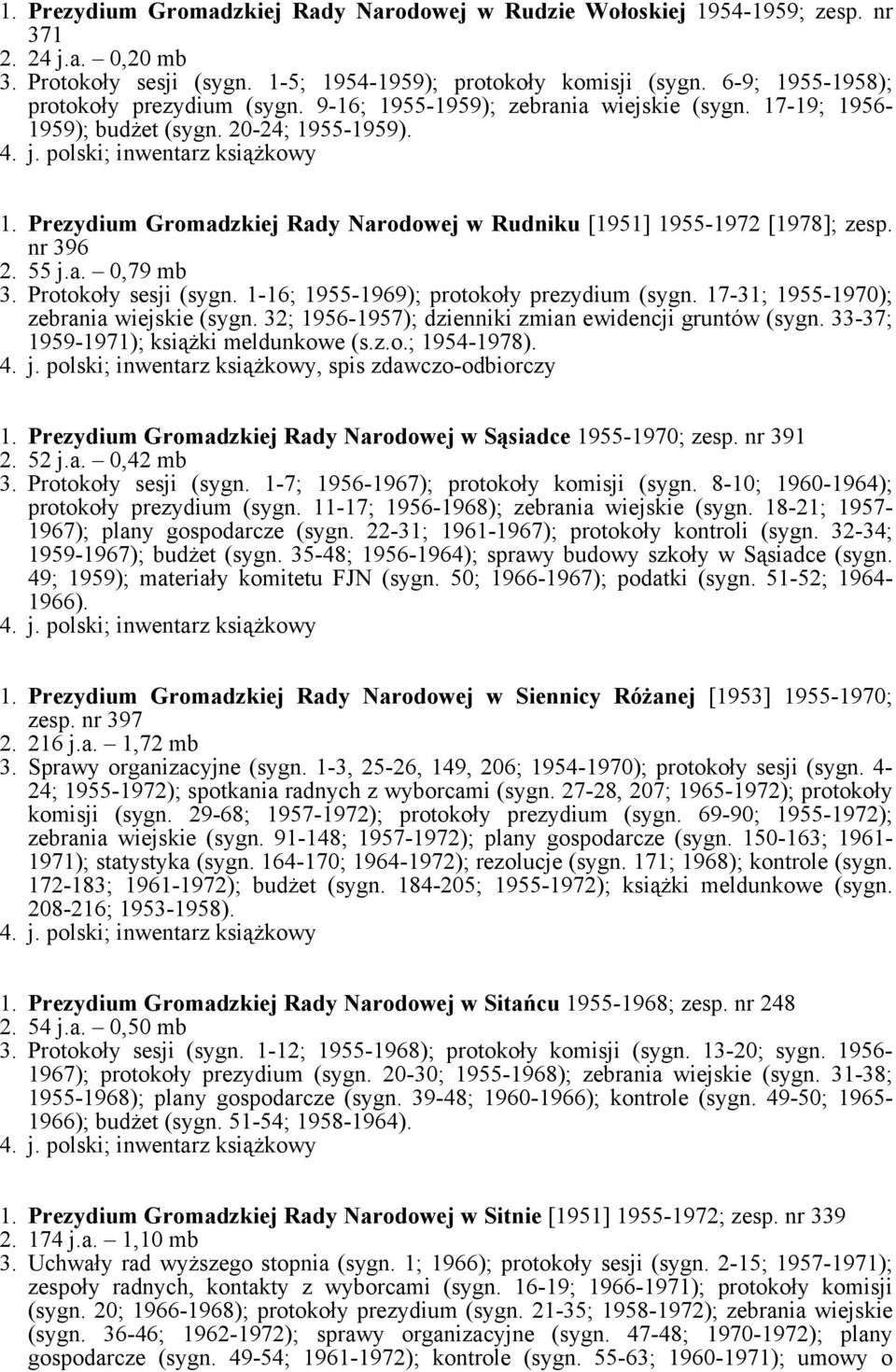 nr 396 2. 55 j.a. 0,79 mb 3. Protokoły sesji (sygn. 1-16; 1955-1969); protokoły prezydium (sygn. 17-31; 1955-1970); zebrania wiejskie (sygn. 32; 1956-1957); dzienniki zmian ewidencji gruntów (sygn.