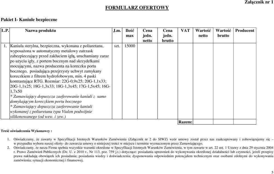 skrzydełkami mocującymi, nazwa producenta na koreczku portu bocznego, posiadająca przejrzysty uchwyt zamykany koreczkiem z filtrem hydrofobowym, min. 4 paski kontrastujące RTG.