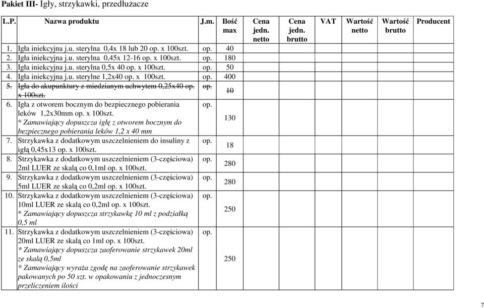 op. x 100szt. 10 6. Igła z otworem bocznym do bezpiecznego pobierania op. leków 1,2x30mm op. x 100szt. * Zamawiający dopuszcza igłę z otworem bocznym do 130 bezpiecznego pobierania leków 1,2 x 40 mm 7.