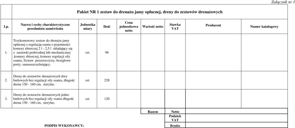 składający się z zastawki podwodnej lub mechanicznej,komory zbiorczej, komory regulacji siły ssania. Zestaw przezroczysty, bezigłowe porty, samouszczelniający. szt. 96 2.