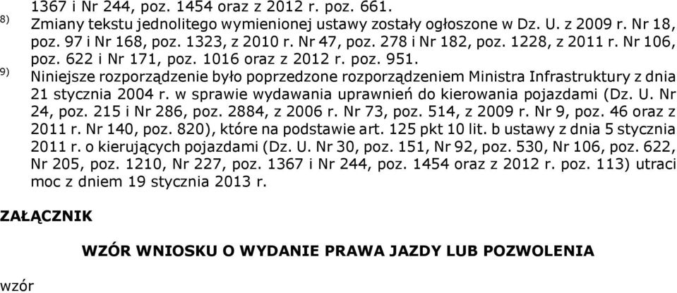 Niniejsze rozporządzenie było poprzedzone rozporządzeniem Ministra Infrastruktury z dnia 21 stycznia 2004 r. w sprawie wydawania uprawnień do kierowania pojazdami (Dz. U. Nr 24, poz.