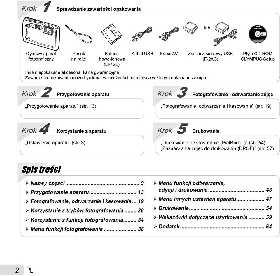 13) Krok 3 Fotografowanie i odtwarzanie zdjęć Fotografowanie, odtwarzanie i kasowanie (str. 19) Krok 4 Korzystanie z aparatu Ustawienia aparatu (str.