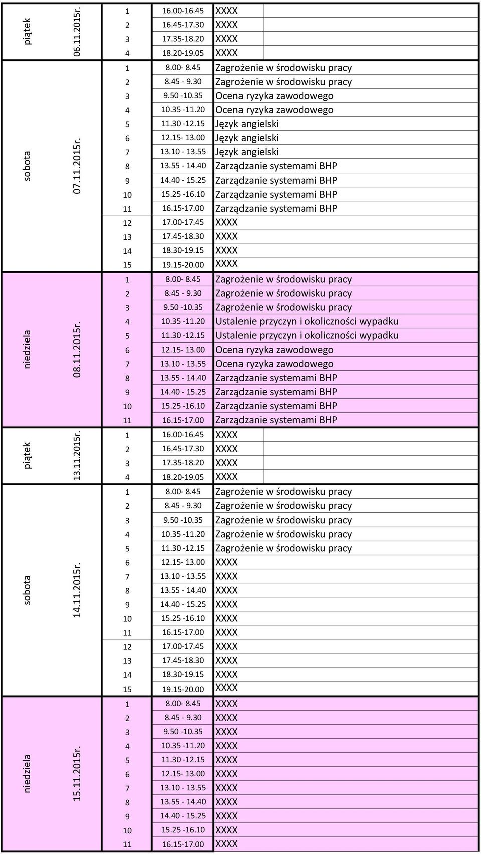 35 Zagrożenie w środowisku pracy 4 10.35-11.20 Ustalenie przyczyn i okoliczności wypadku 5 11.30-12.15 Ustalenie przyczyn i okoliczności wypadku 7 13.10-13.