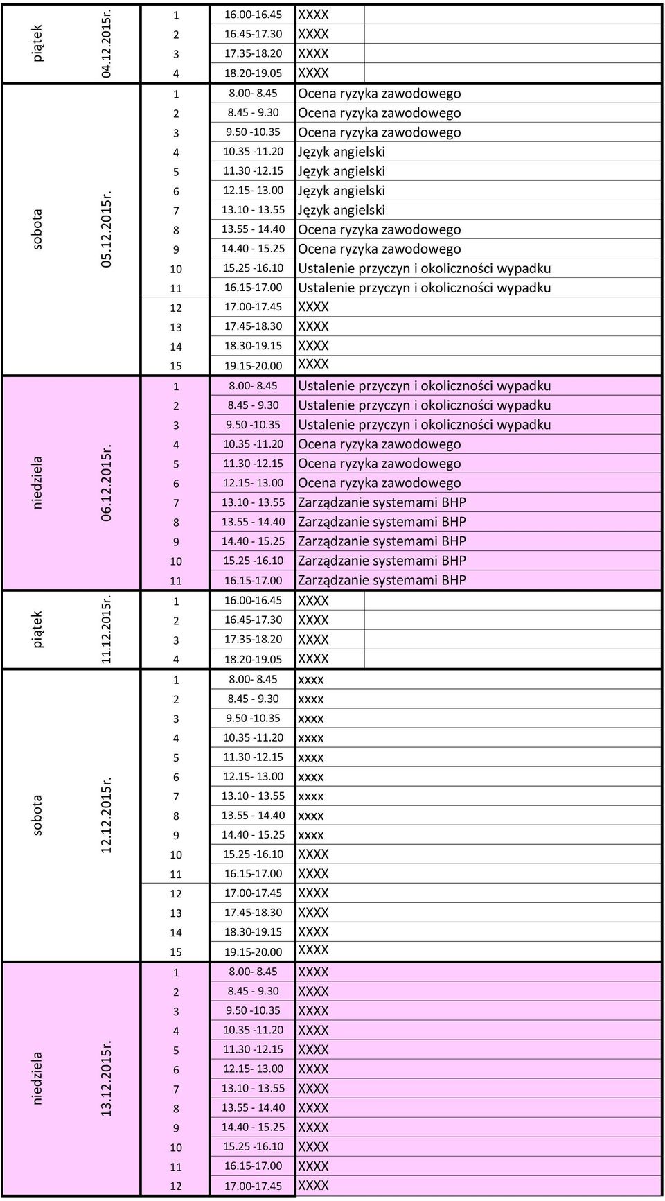 25 Ocena ryzyka zawodowego 10 15.25-16.10 Ustalenie przyczyn i okoliczności wypadku 11 16.15-17.00 Ustalenie przyczyn i okoliczności wypadku 1 8.00-8.