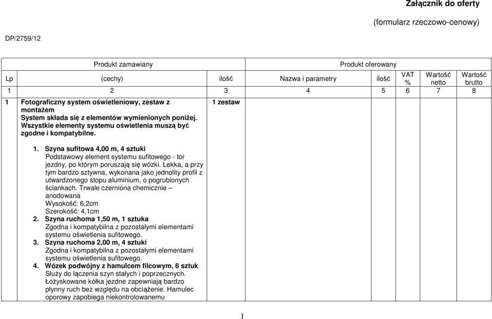 Szyna sufitowa 4,00 m, 4 sztuki Podstawowy element systemu sufitowego - tor jezdny, po którym poruszają się wózki.