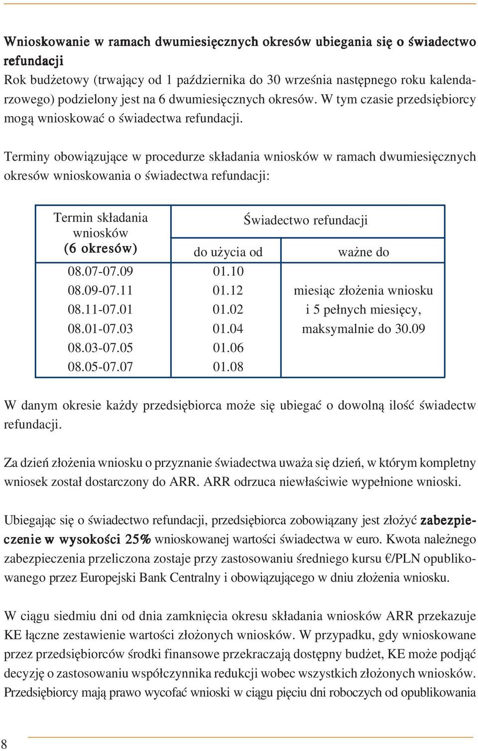 Terminy obowiązujące w procedurze składania wniosków w ramach dwumiesięcznych okresów wnioskowania o świadectwa refundacji: Termin składania wniosków Świadectwo refundacji (6 okresów) do użycia od