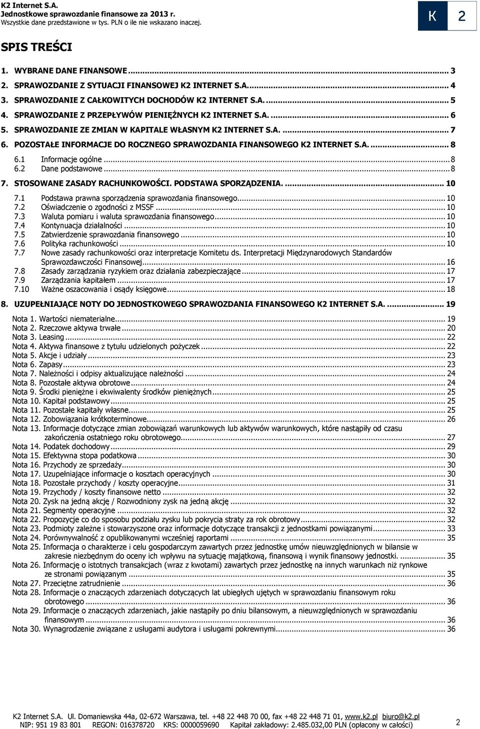 POZOSTAŁE INFORMACJE DO ROCZNEGO SPRAWOZDANIA FINANSOWEGO K2 INTERNET S.A.... 8 6.1 Informacje ogólne... 8 6.2 Dane podstawowe... 8 7. STOSOWANE ZASADY RACHUNKOWOŚCI. PODSTAWA SPORZĄDZENIA.... 10 7.