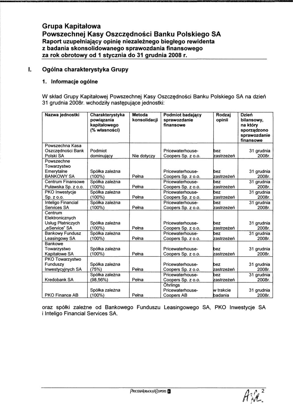 o.o. Inteligo Financial Services SA Centrum Elektronicznych Usług Płatniczych eservice" SA Bankowy Fundusz Leasingowy SA Bankowe Towarzystwo Kapitałowe SA PKO Towarzystwo Funduszy Inwestycyjnych SA