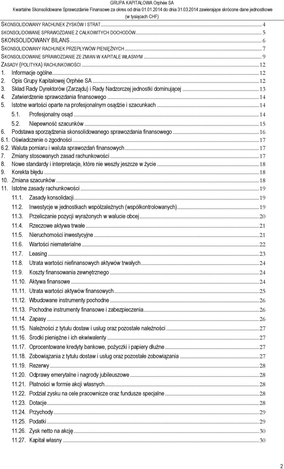 Skład Rady Dyrektorów (Zarządu) i Rady Nadzorczej jednostki dominującej... 13 4. Zatwierdzenie sprawozdania finansowego... 14 5. Istotne wartości oparte na profesjonalnym osądzie i szacunkach... 14 5.1. Profesjonalny osąd.