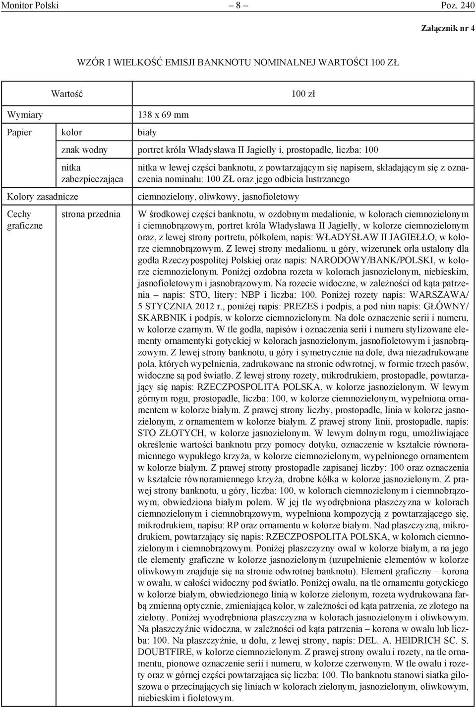 Władysława II Jagiełły i, prostopadle, liczba: 100 nitka zabezpieczająca strona przednia nitka w lewej części banknotu, z powtarzającym się napisem, składającym się z oznaczenia nominału: 100 ZŁ oraz