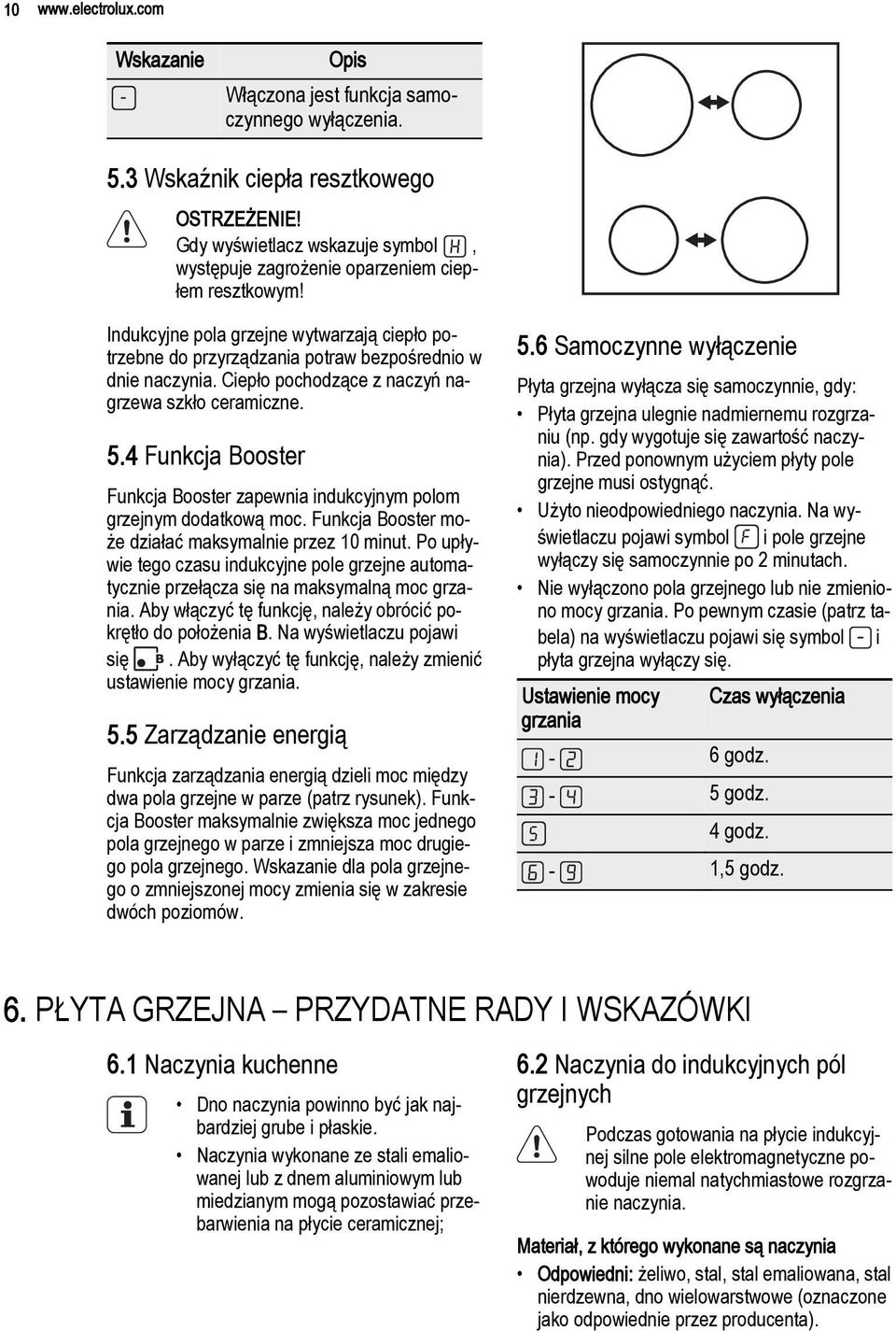 4 Funkcja Booster Funkcja Booster zapewnia indukcyjnym polom grzejnym dodatkową moc. Funkcja Booster może działać maksymalnie przez 10 minut.