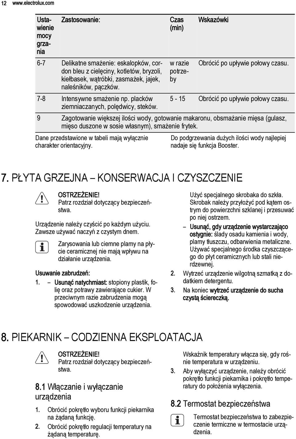 9 Zagotowanie większej ilości wody, gotowanie makaronu, obsmażanie mięsa (gulasz, mięso duszone w sosie własnym), smażenie frytek. Dane przedstawione w tabeli mają wyłącznie charakter orientacyjny.