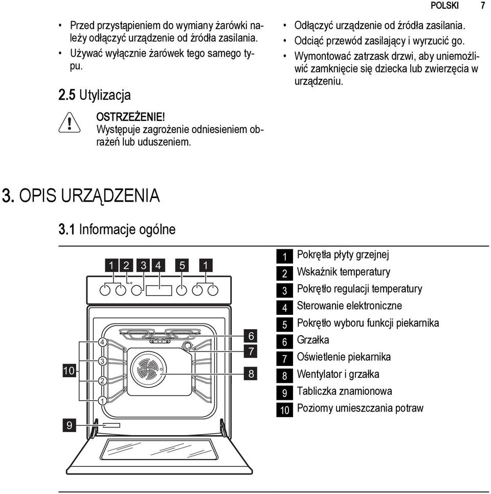 Wymontować zatrzask drzwi, aby uniemożliwić zamknięcie się dziecka lub zwierzęcia w urządzeniu. 3. OPIS URZĄDZENIA 3.