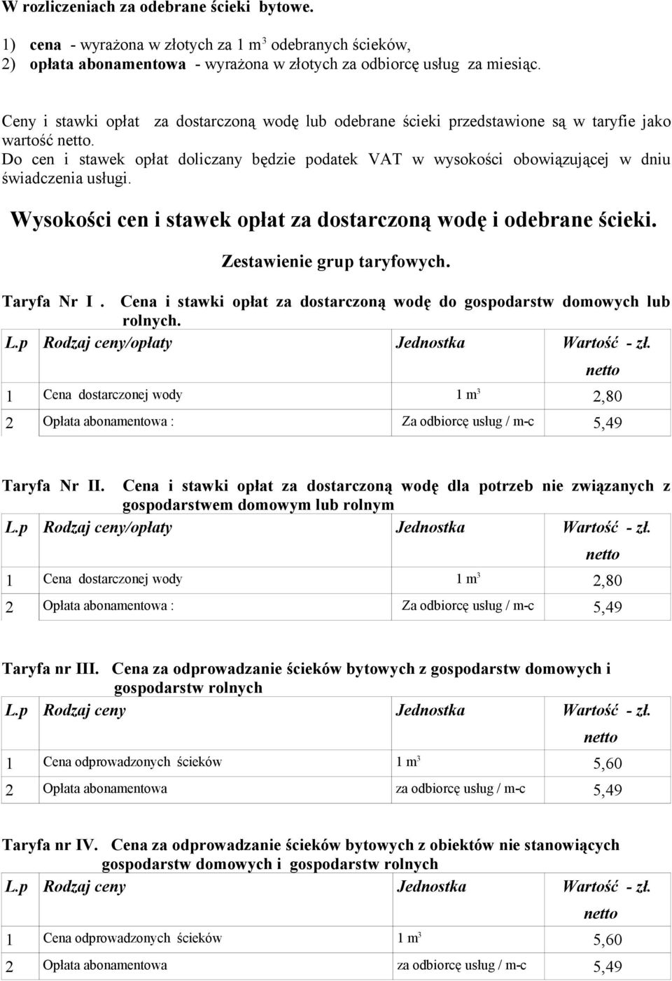 Do cen i stawek opłat doliczany będzie podatek VAT w wysokości obowiązującej w dniu świadczenia usługi. Wysokości cen i stawek opłat za dostarczoną wodę i odebrane ścieki. Zestawienie grup taryfowych.