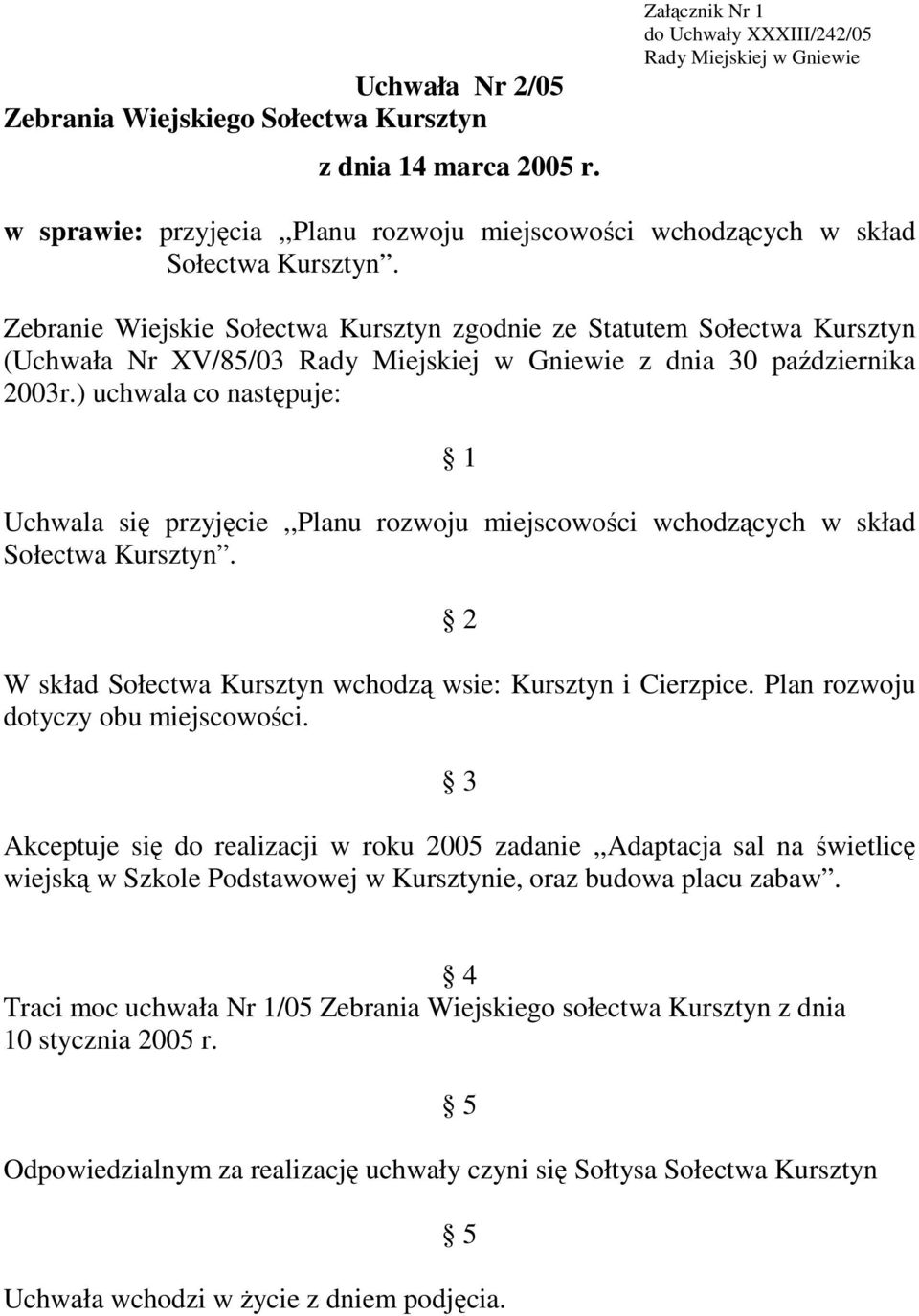 Zebranie Wiejskie Sołectwa Kursztyn zgodnie ze Statutem Sołectwa Kursztyn (Uchwała Nr XV/85/03 Rady Miejskiej w Gniewie z dnia 30 października 2003r.