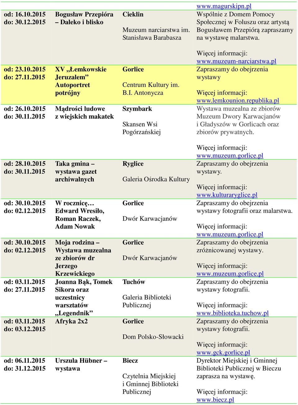 2015 od: 26.10.2015 do: 30.11.2015 XV Łemkowskie Jeruzalem Autoportret potrójny Mądrości ludowe z wiejskich makatek Centrum Kultury im. B.I. Antonycza Szymbark Skansen Wsi Pogórzańskiej www.