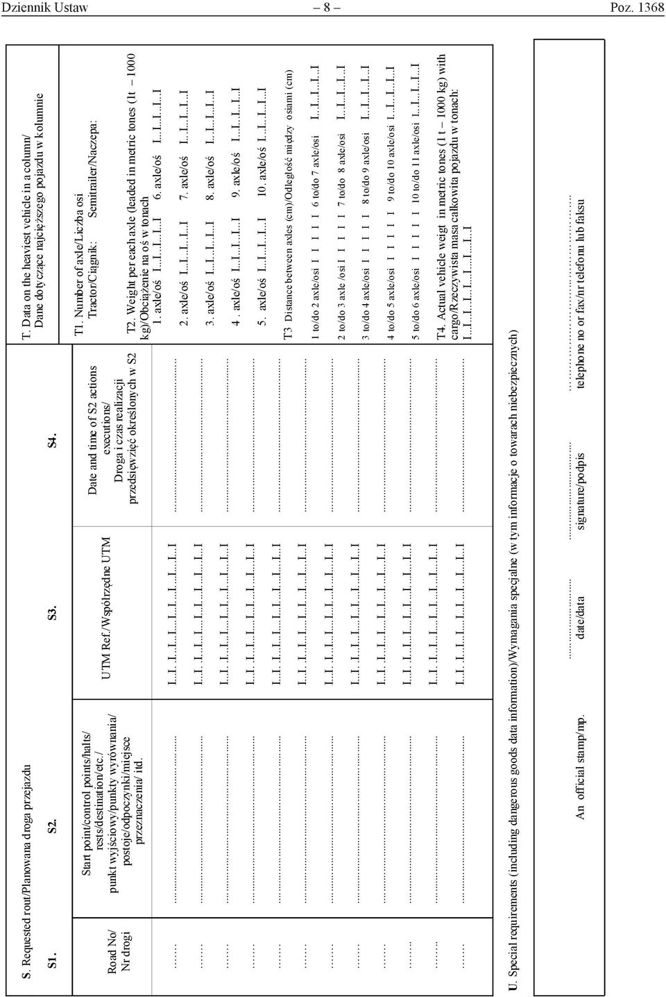 /Współrzędne UTM Date and time of S2 actions executions/ Droga i czas realizacji przedsięwzięć określonych w S2 T1. Number of axle/liczba osi Tractor/Ciągnik: Semitrailer/Naczepa: T2.