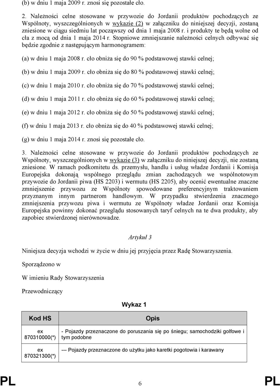 Należności celne stosowane w przywozie do Jordanii produktów pochodzących ze Wspólnoty, wyszczególnionych w wykazie (2) w załączniku do niniejszej decyzji, zostaną zniesione w ciągu siedmiu lat