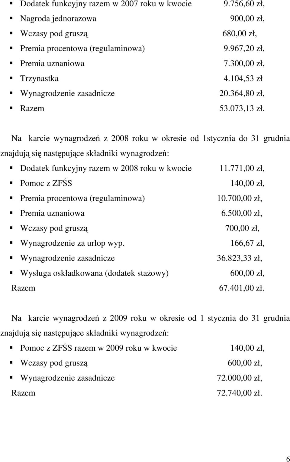 771,00 zł, Pomoc z ZFŚS 10.700,00 zł, 6.500,00 zł, 700,00 zł, Wynagrodzenie za urlop wyp. 166,67 zł, 36.823,33 zł, 600,00 zł, Razem 67.401,00 zł.