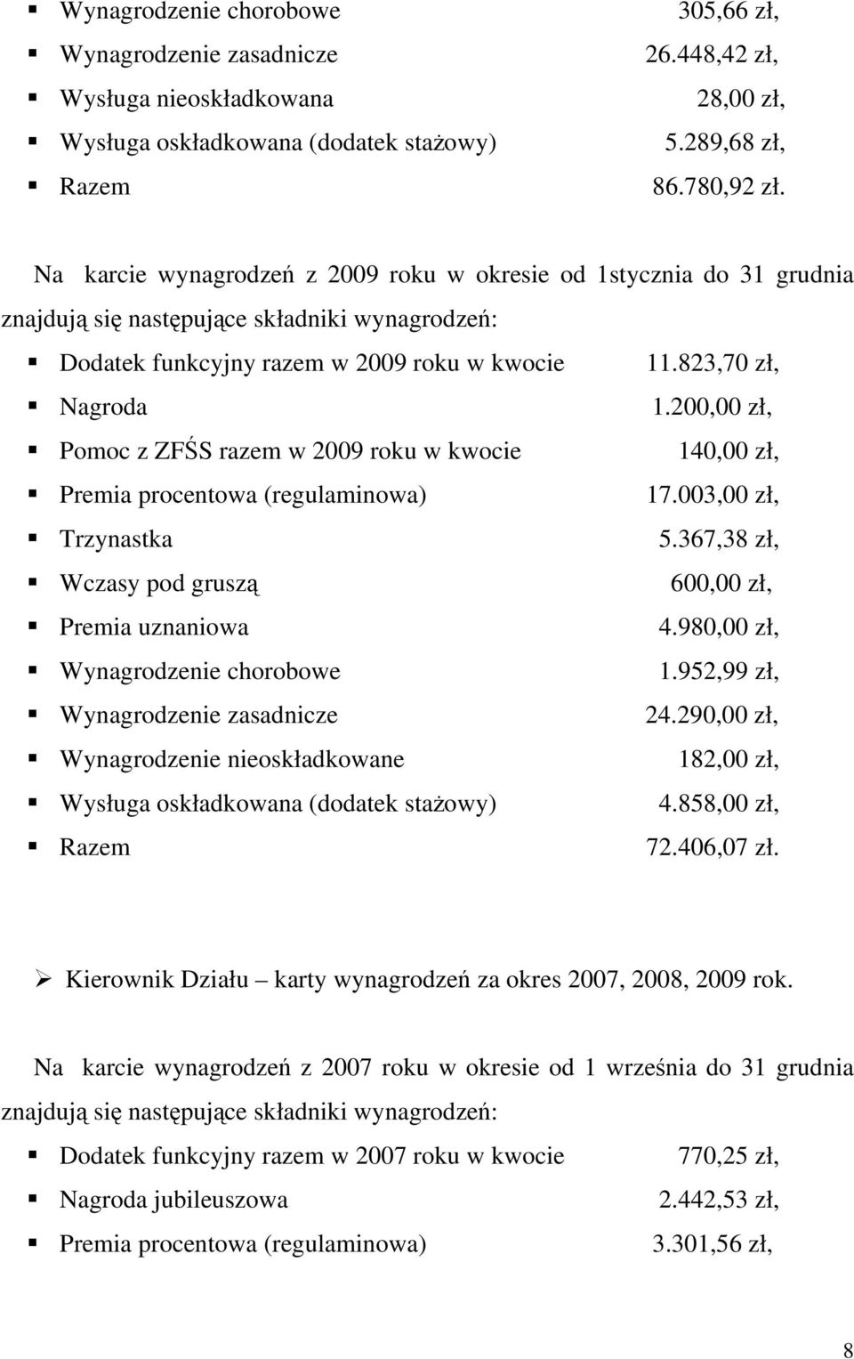 200,00 zł, Pomoc z ZFŚS razem w 2009 roku w kwocie 17.003,00 zł, 5.367,38 zł, 600,00 zł, 4.980,00 zł, Wynagrodzenie chorobowe 1.952,99 zł, 24.