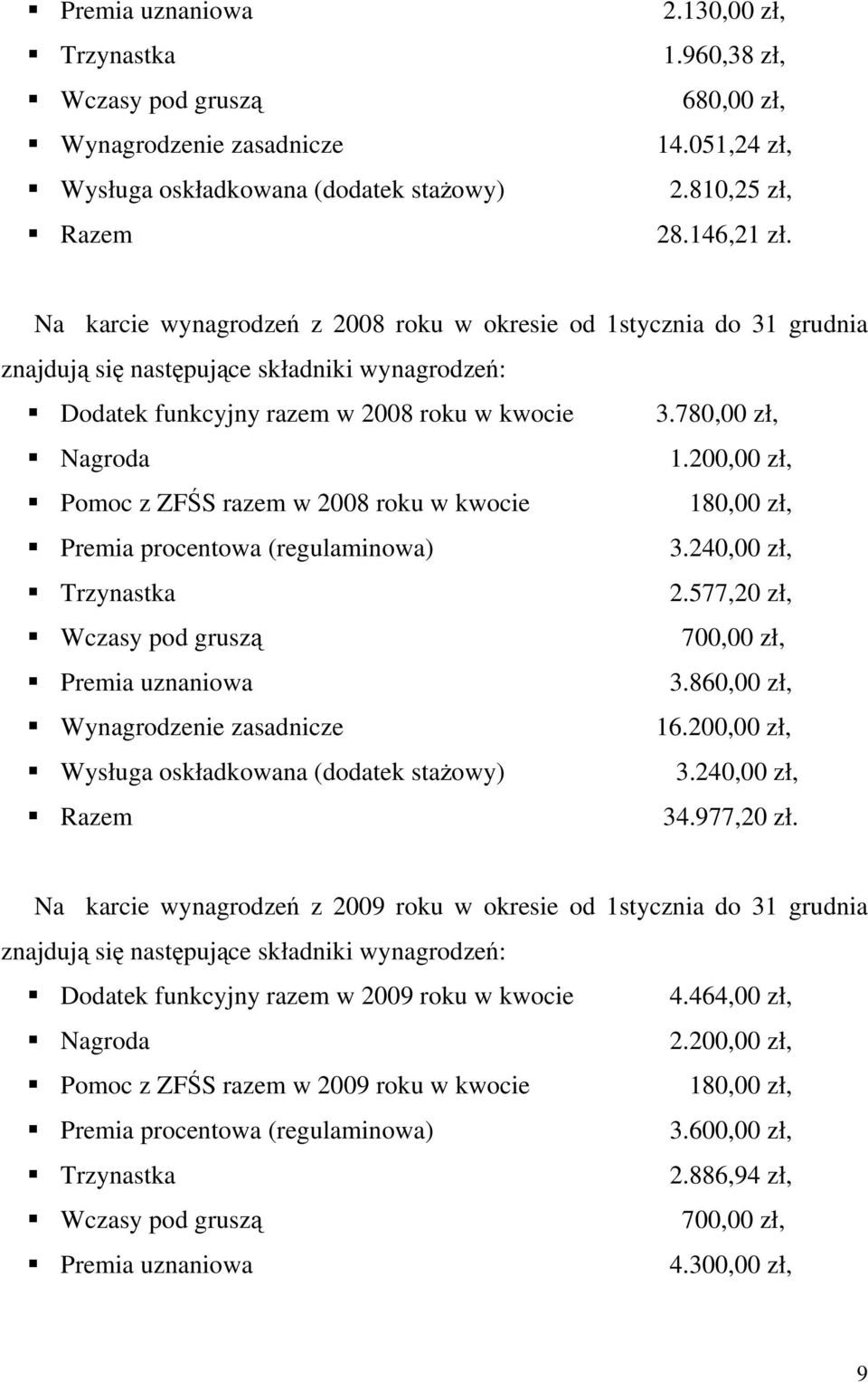 200,00 zł, Pomoc z ZFŚS razem w 2008 roku w kwocie 180,00 zł, 3.240,00 zł, 2.577,20 zł, 700,00 zł, 3.860,00 zł, 16.200,00 zł, 3.240,00 zł, 34.977,20 zł.