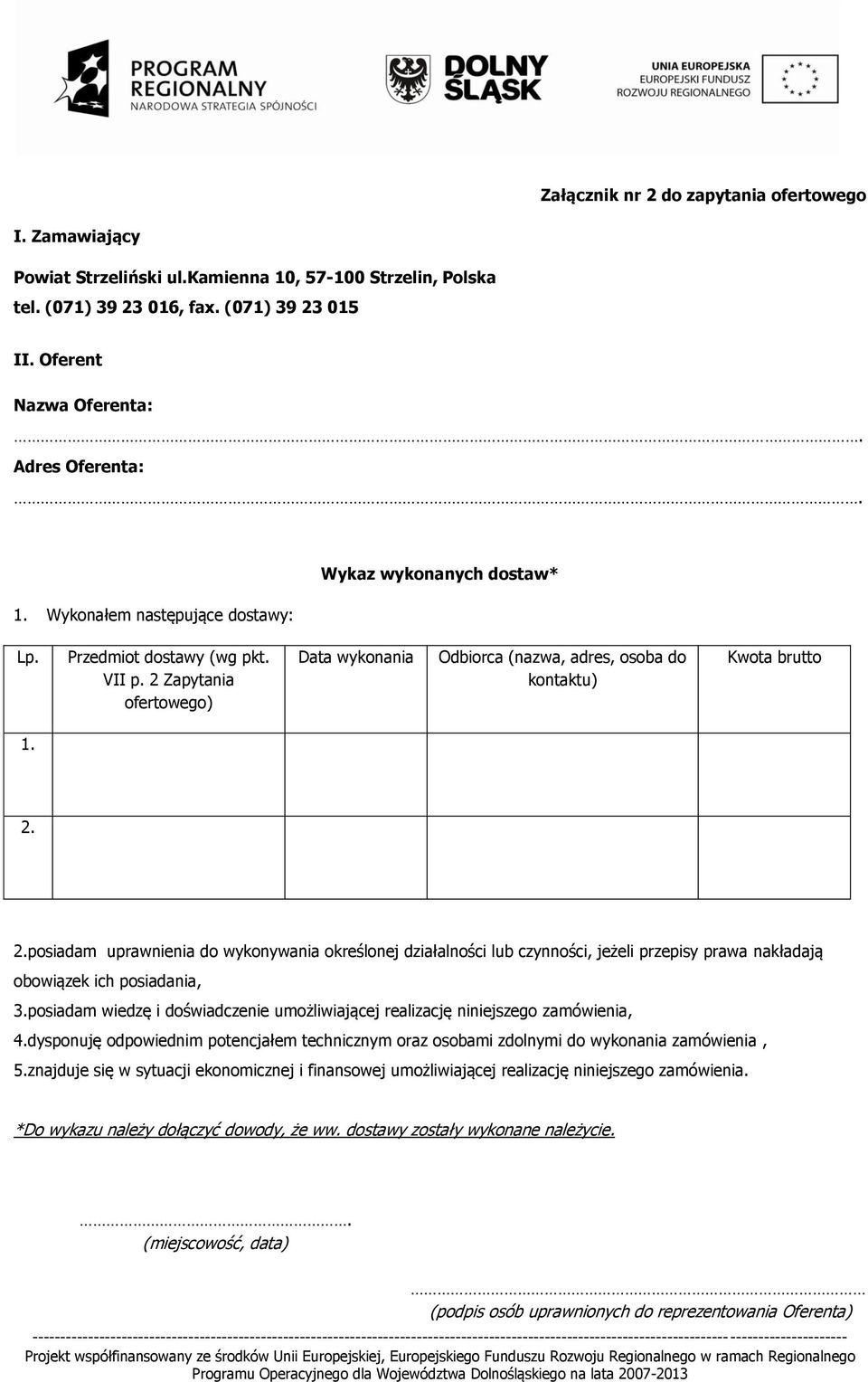 2 Zapytania ofertowego) Data wykonania Odbiorca (nazwa, adres, osoba do kontaktu) Kwota brutto 1. 2.