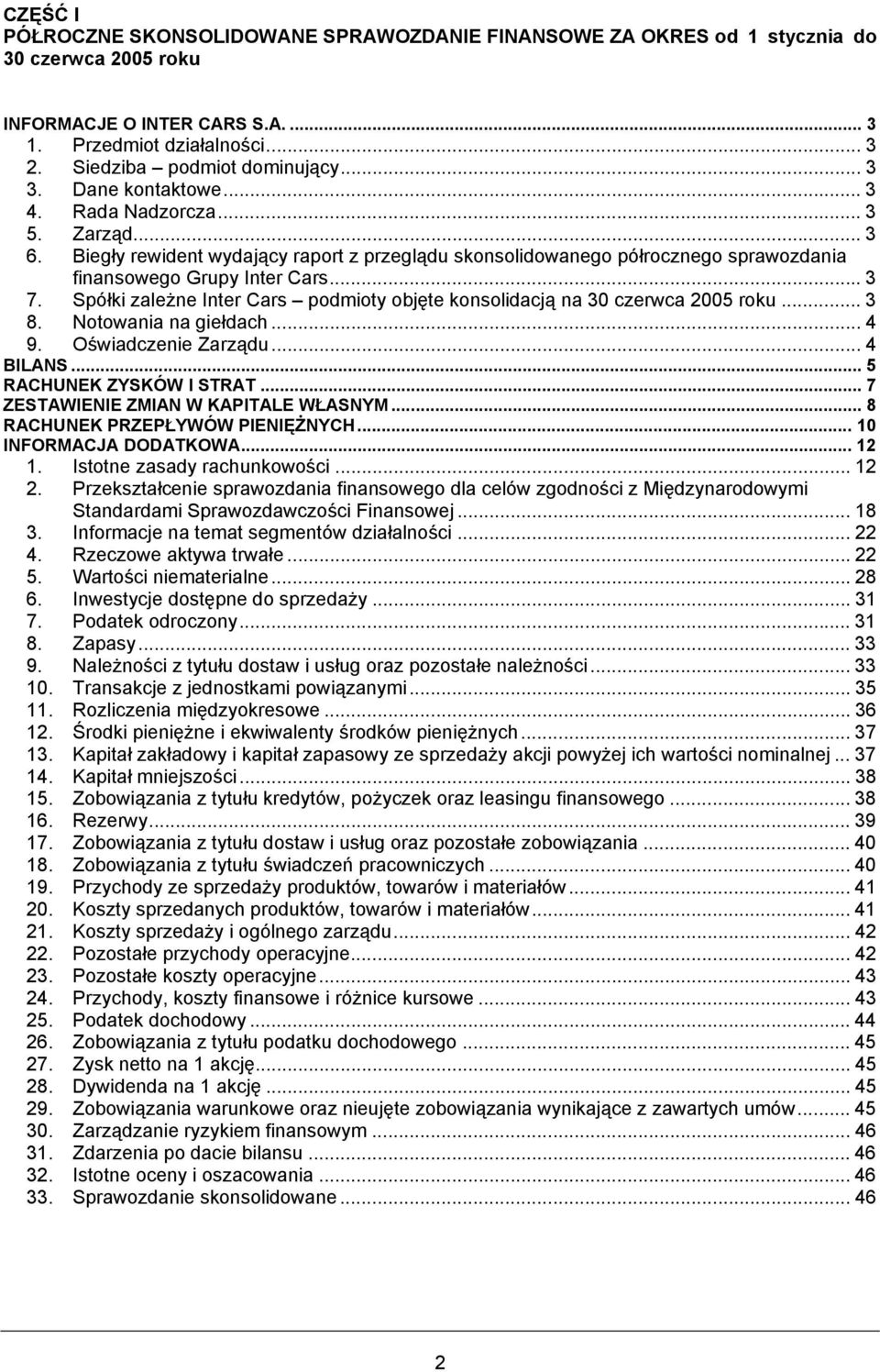 Spółki zależne Inter Cars podmioty objęte konsolidacją na 30 czerwca 2005 roku... 3 8. Notowania na giełdach... 4 9. Oświadczenie Zarządu... 4 BILANS... 5 RACHUNEK ZYSKÓW I STRAT.