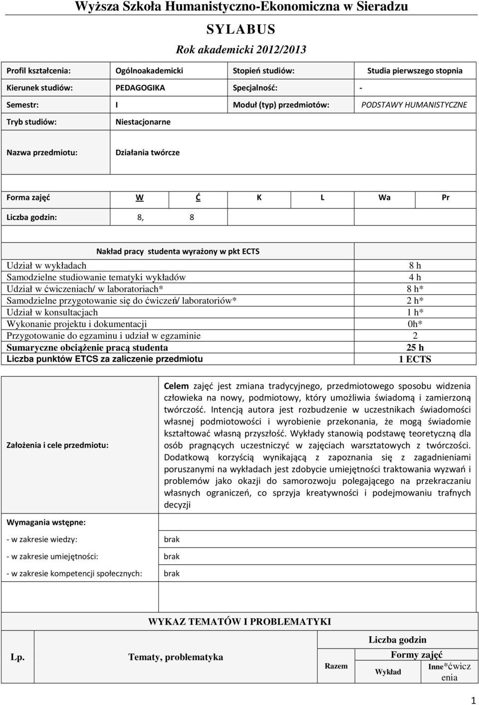 studenta wyrażony w pkt ECTS Udział w wykładach 8 h Samodzielne studiowanie tematyki wykładów 4 h Udział w ćwiczeniach/ w laboratoriach* 8 h* Samodzielne przygotowanie się do ćwiczeń/ laboratoriów* 2