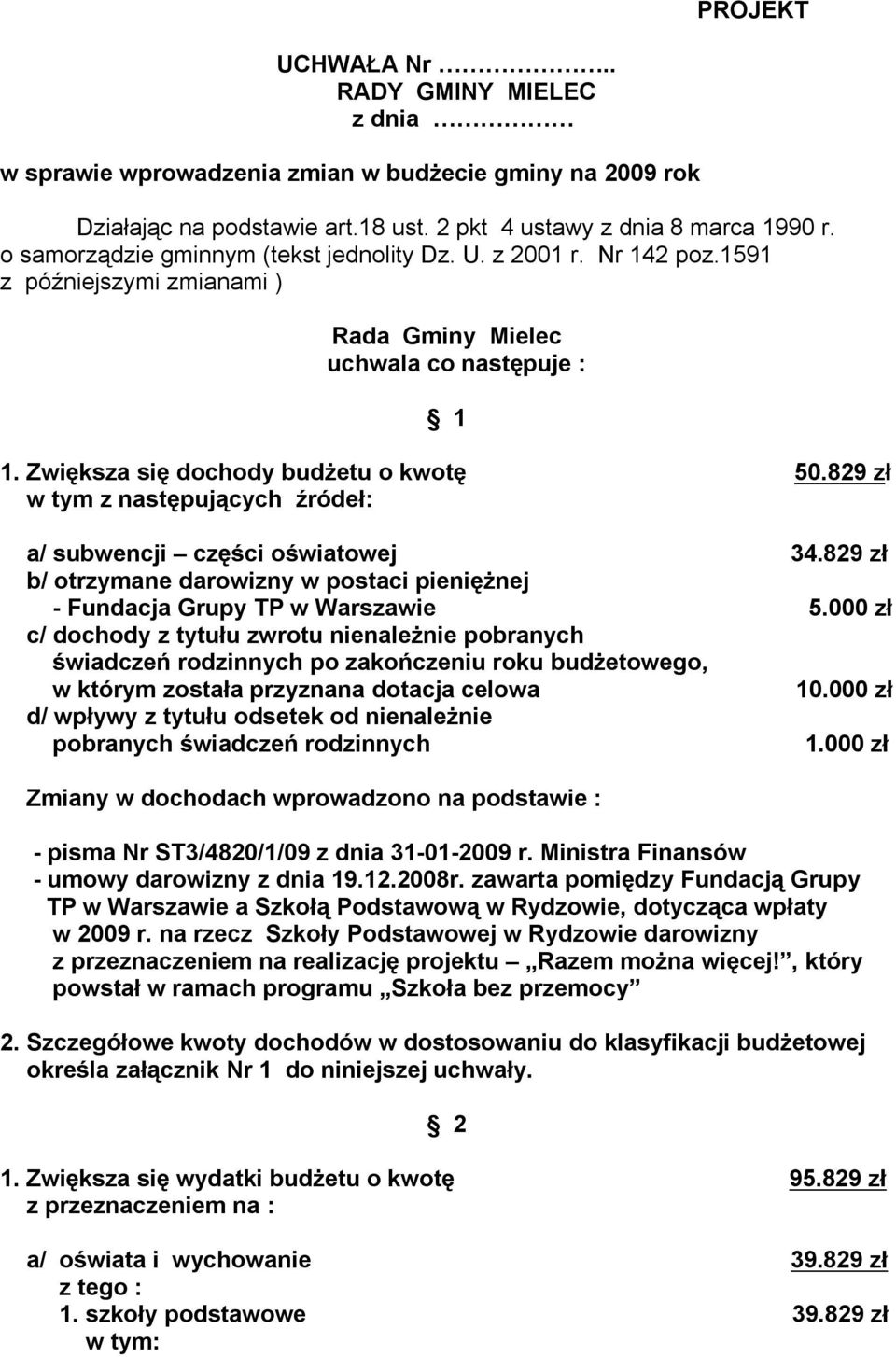 829 zł w tym z następujących źródeł: a/ subwencji części oświatowej 34.829 zł b/ otrzymane darowizny w postaci pieniężnej - Fundacja Grupy TP w Warszawie 5.