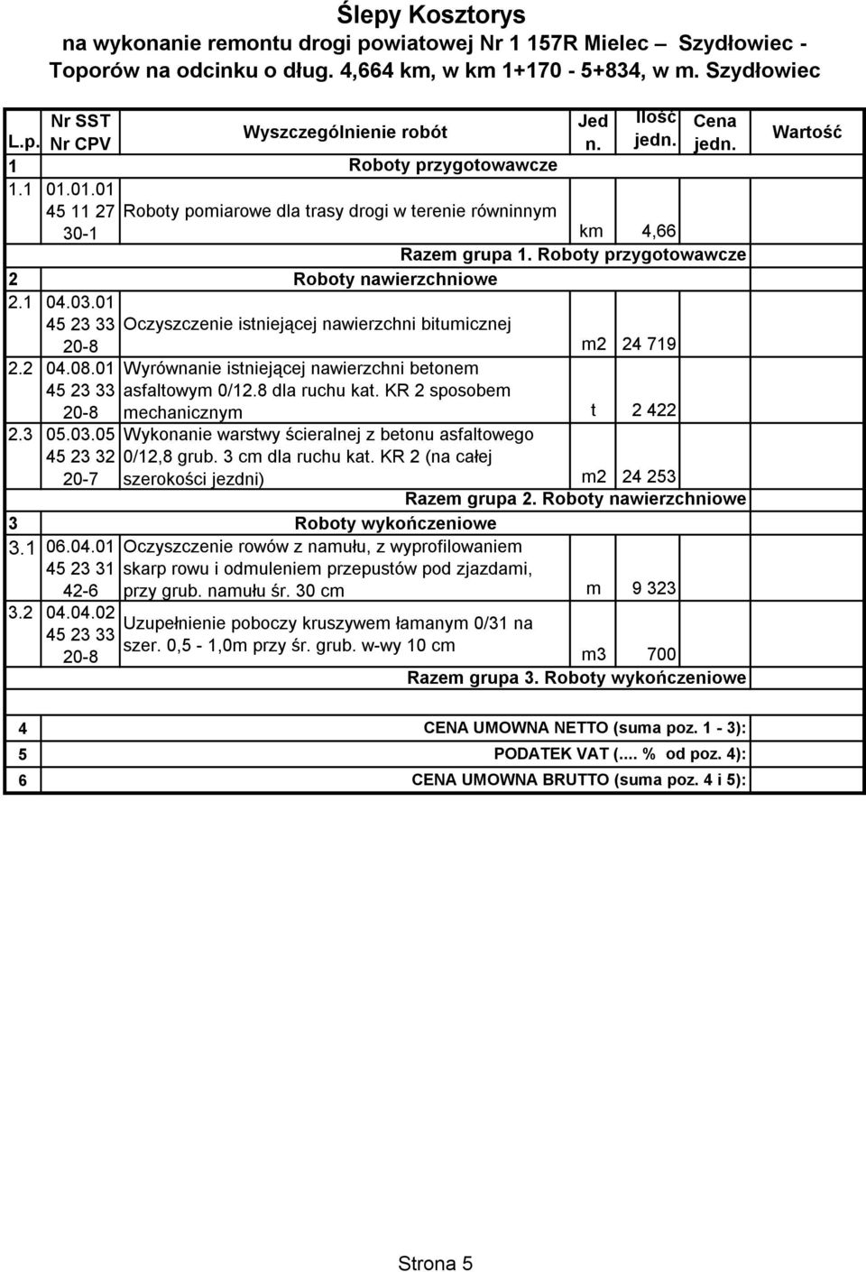 Ilość jedn. m2 24 719 Wyrównanie istniejącej nawierzchni betonem asfaltowym 0/12.8 dla ruchu kat. KR 2 sposobem mechanicznym t 2 422 Wykonanie warstwy ścieralnej z betonu asfaltowego 0/12,8 grub.